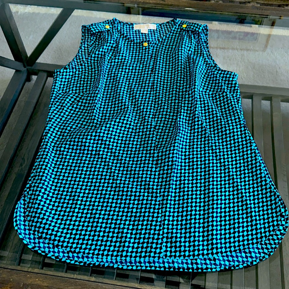 MICHAEL KORS~Size 8 Blue Diamond Sleeveless Dress Blouse~Gold Button Details ~